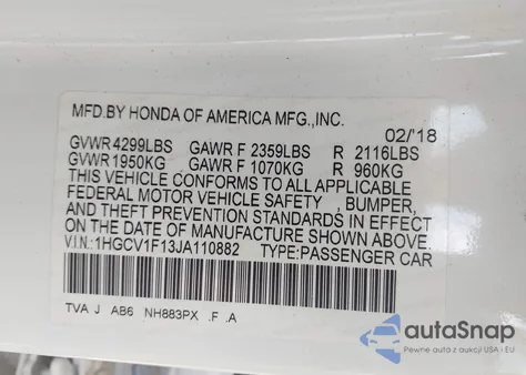 2018 Honda Accord Lx from USA, damaged, VIN 1HGCV1F13JA110882